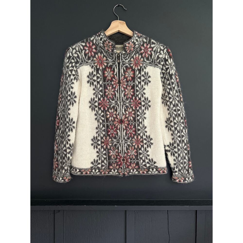 Intiwara Alpaca 100% Alpaca Pink Gray Floral Ivory Zip Jacket Size Small